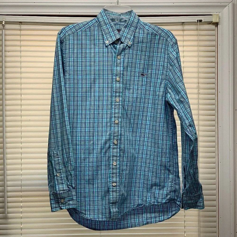 Vineyard Vines Blue & White Slim-Fit Whale L/S Button Down Shirt Size Medium